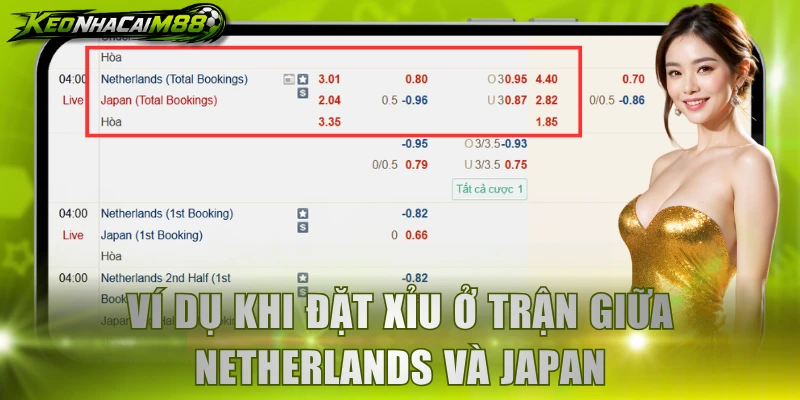 Ví dụ khi đặt xỉu ở trận giữa Netherlands và Japan